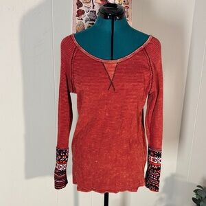 Able Brick Red Long Sleeve Top with Patterned Cuffs